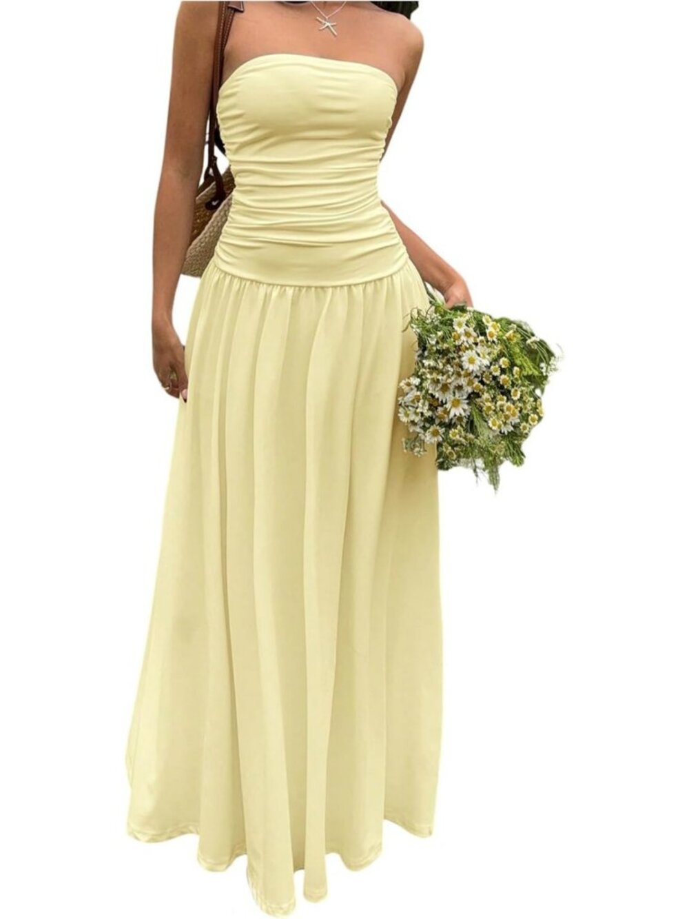 Elegant Drop Waist Wedding Guest Dress - Ruched Strapless Backless A-Line Maxi